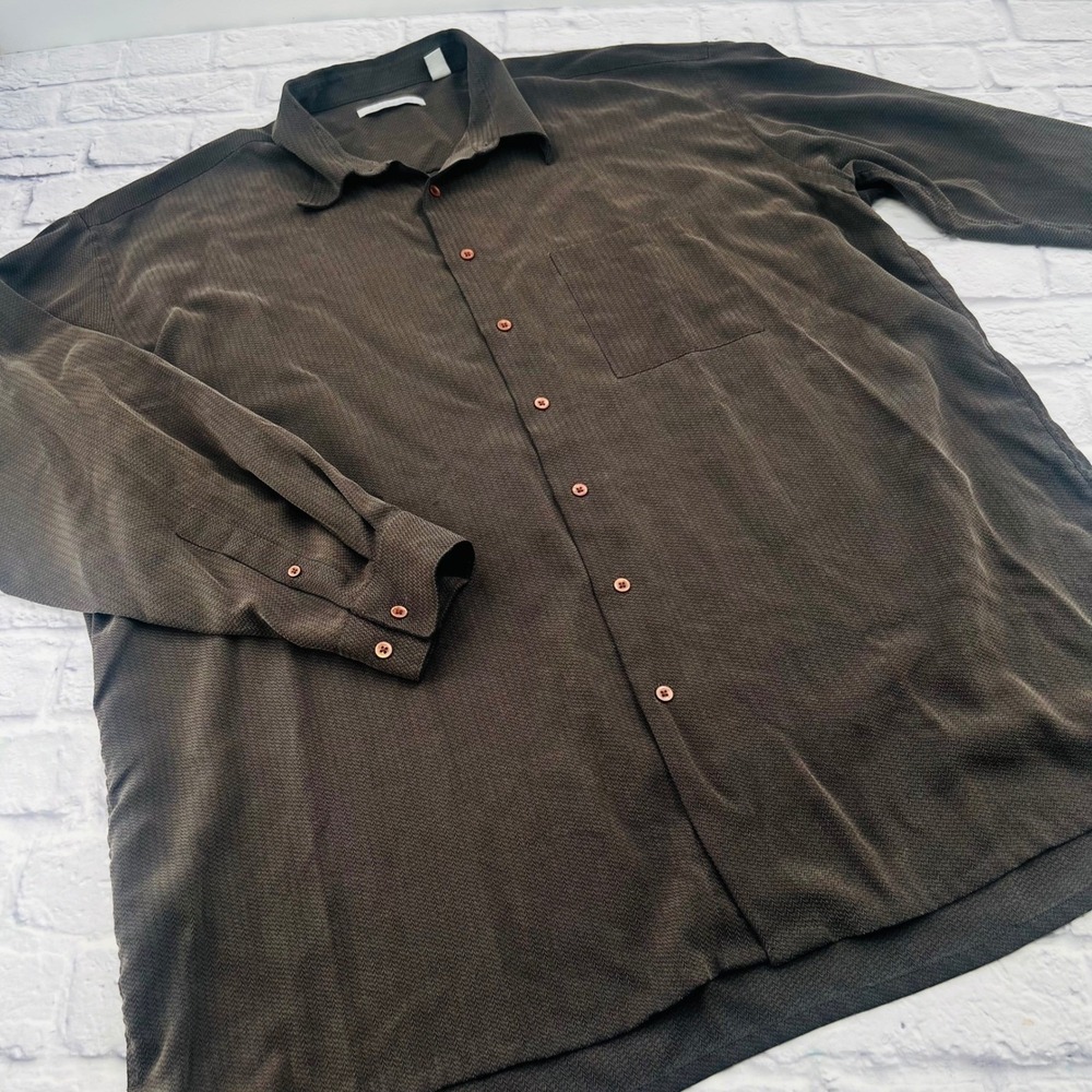 Metaphor Mens 3XL Tall Brown Herringbone Button Down Shirt Long Sleeve Textured